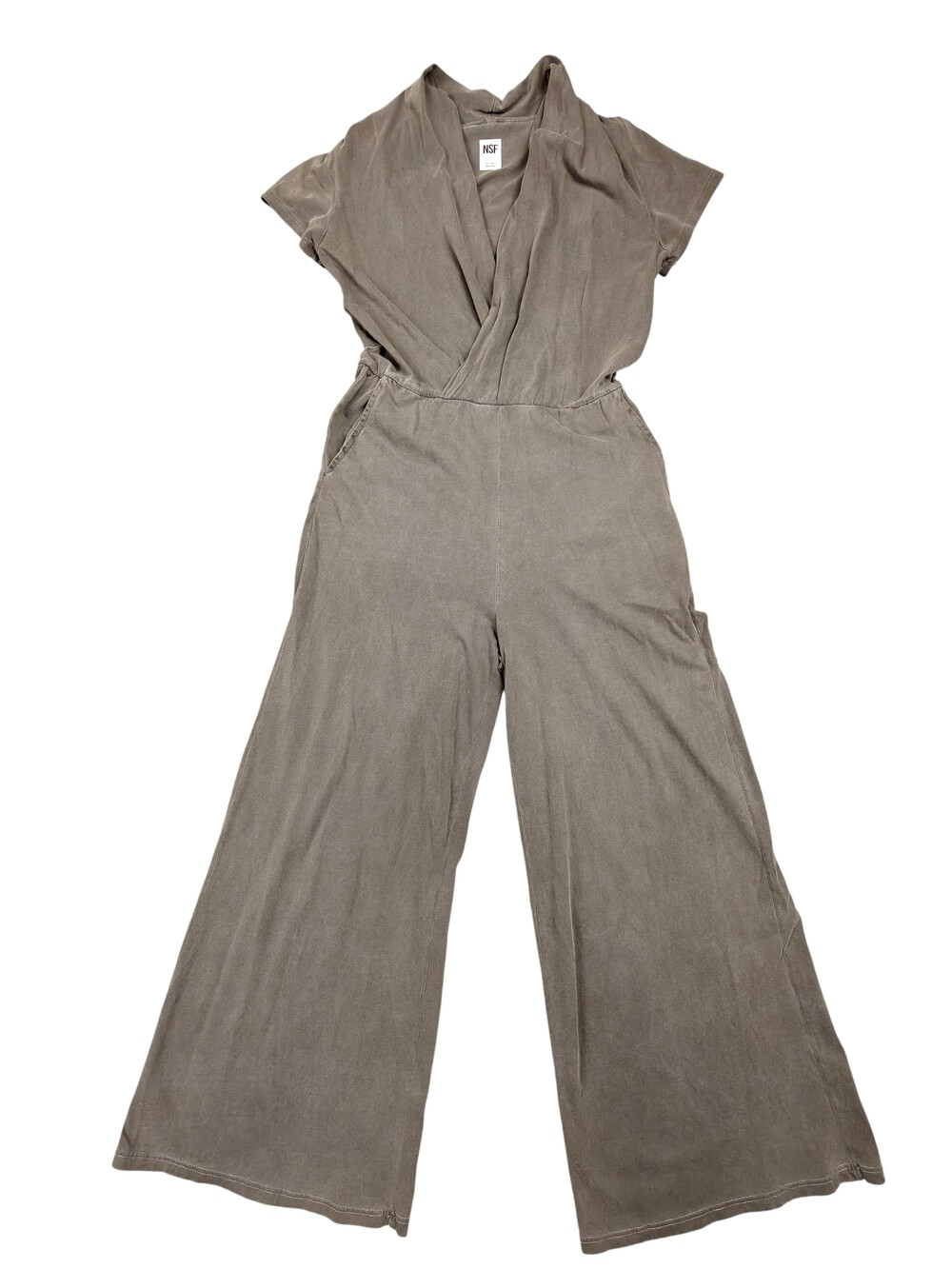 NSF Jumpsuit Womens Small Gray One-Piece V Neck Short Sleeve Pockets Relaxed Fit
